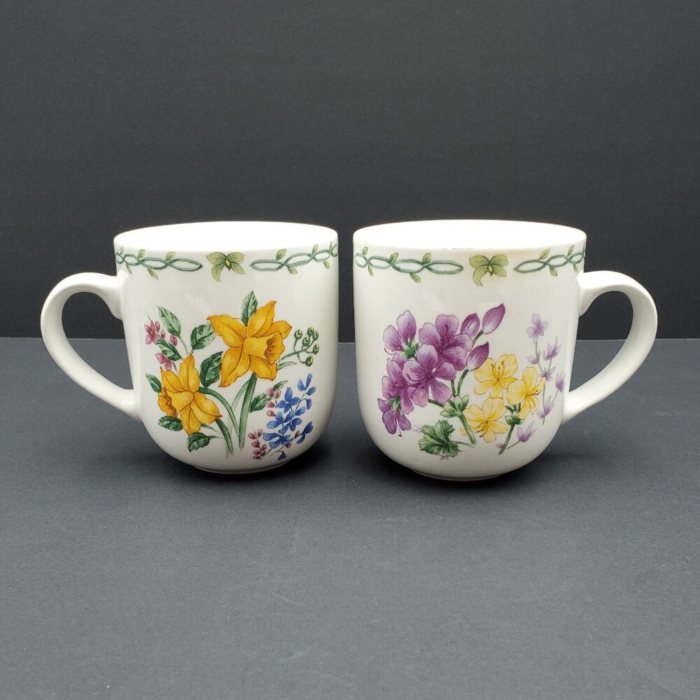 Thomson Pottery Floral Garden Mugs Daffodils Geraniums Flower Mugs